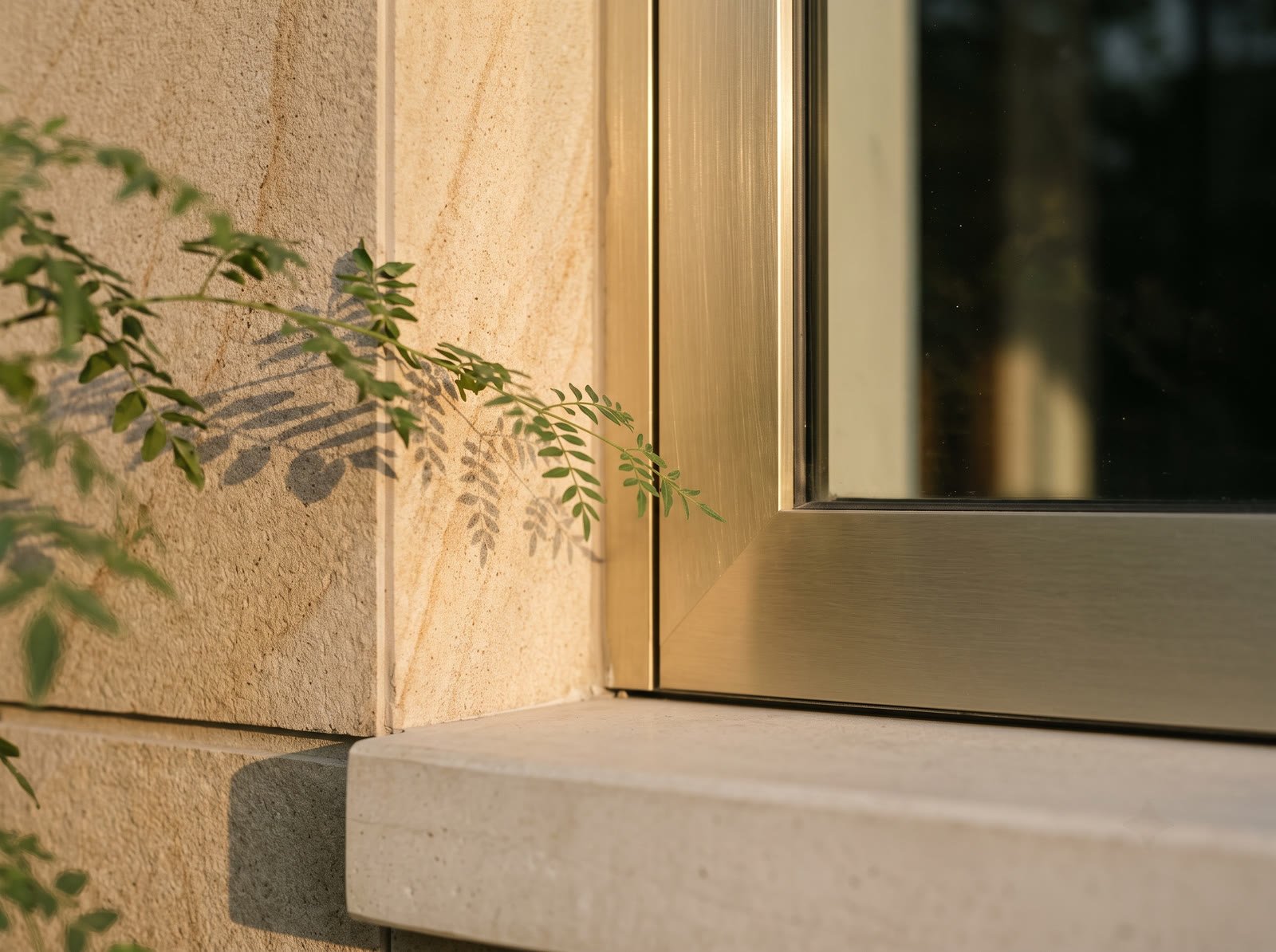 Close-up of sandstone cladding and a brass window frame