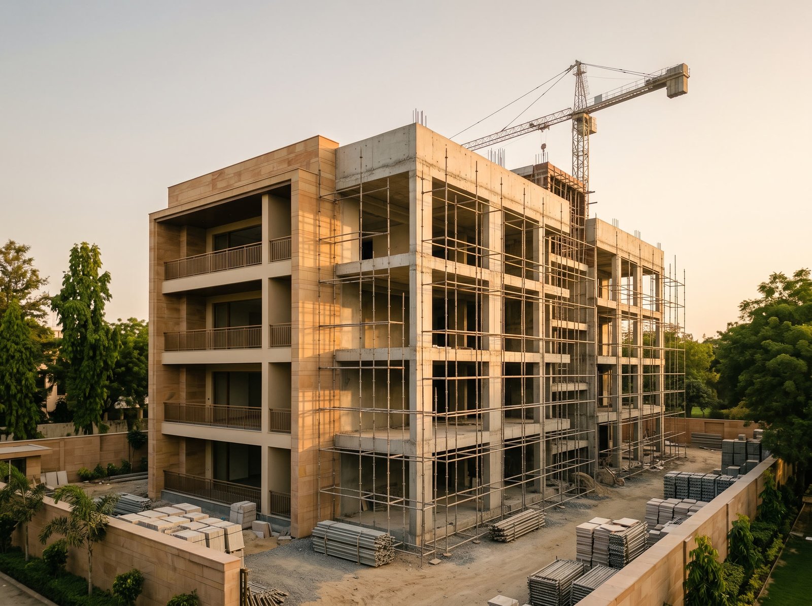 Residential building under construction with a finished sandstone corner