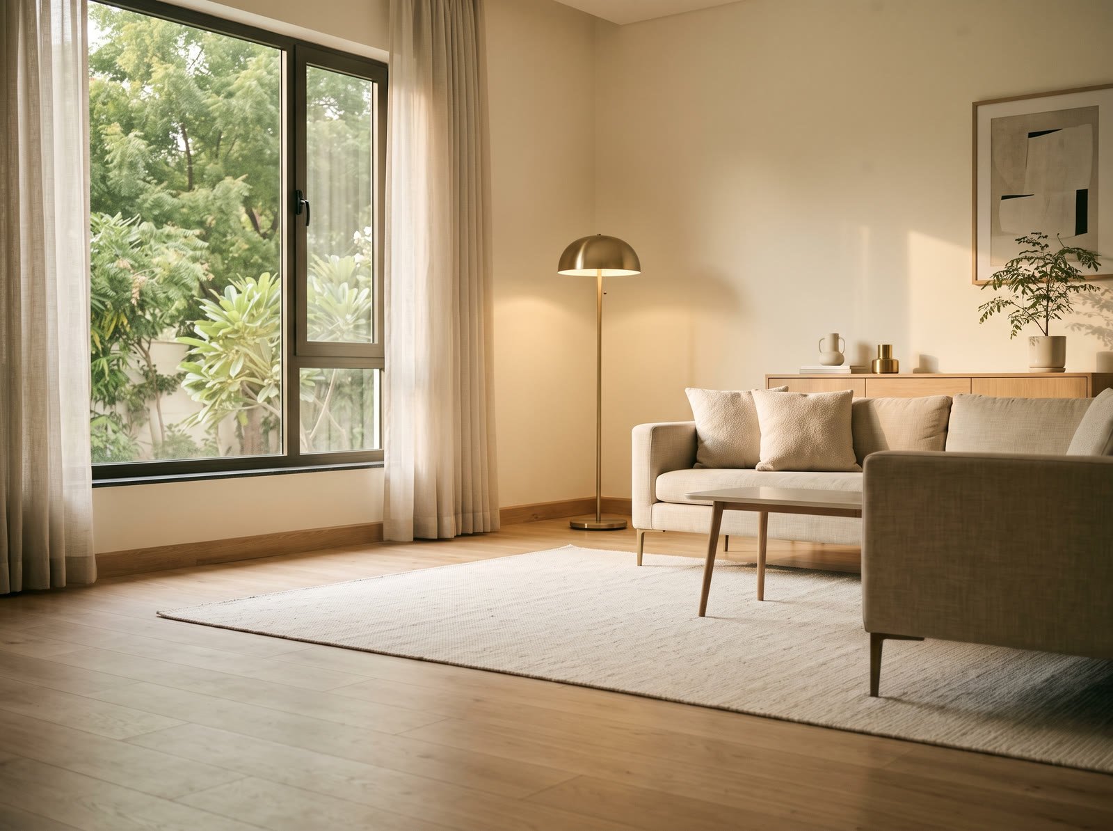Warm, bright living room of a newly finished home