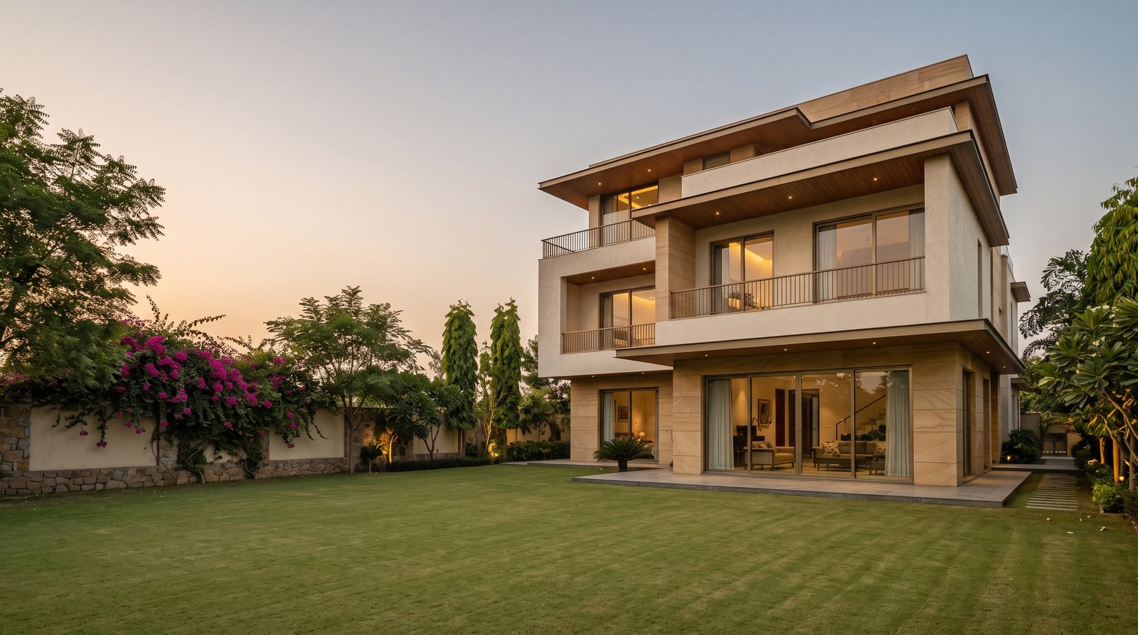Contemporary family villa with a landscaped lawn at dusk